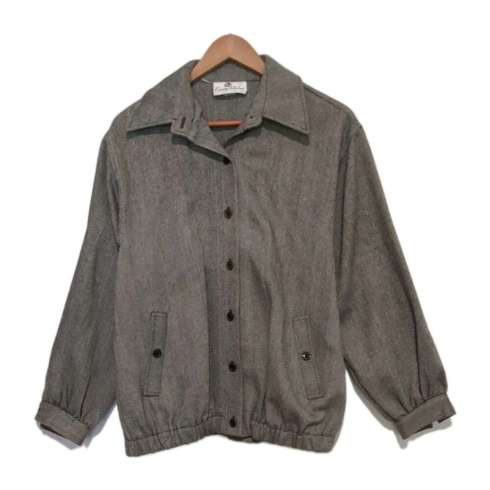 Vintage 50s 60s Country Suburbans Herringbone Tweed Black White Jacket Retro M